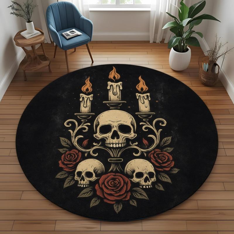 

Dark Cottagecore Rug - Gothic Round Area Carpet, Macabre Floral Skull Accents - Add An Eerie Enchanting Charm Spooky Home Decor 80cm