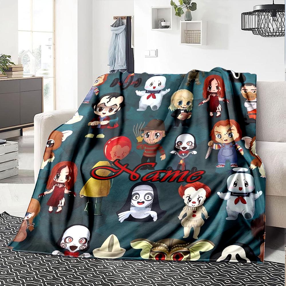 Custom Name Halloween horror Theme Printed Blanket - Perfect for Couch, Bed, Travel & Outdoor Use | Machine Washable, Cozy & Durable.