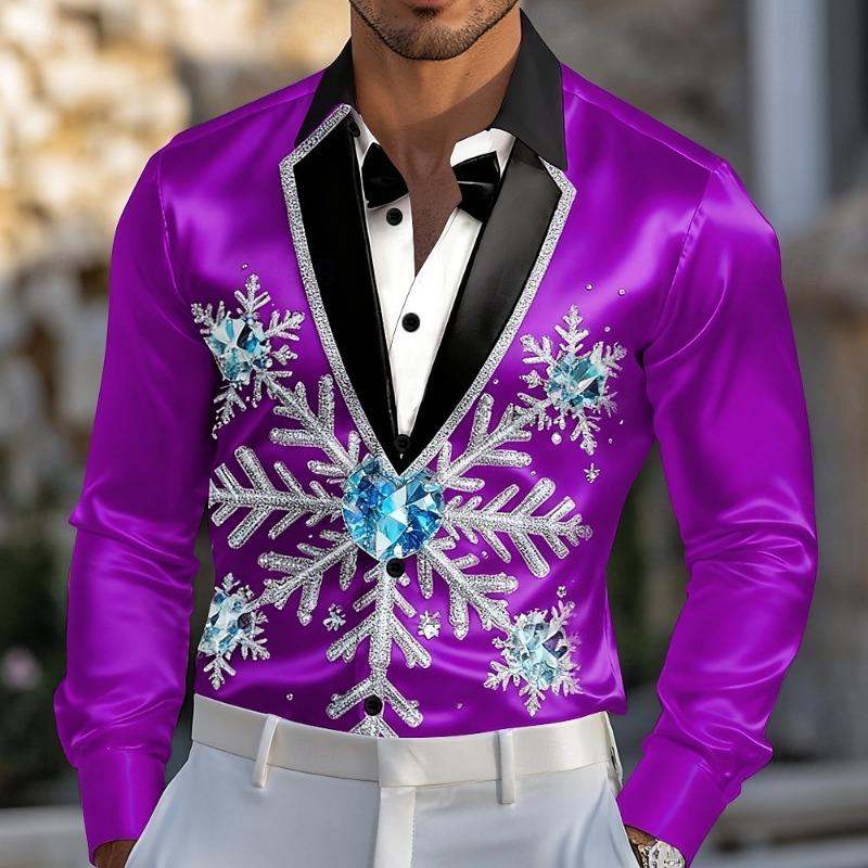 Christmas Men's Christmas Costume Suit Tie Printed Tuxedo Shirt Dress Shirt Long Sleeve Fashion Casual Outdoor Party Spring Fall