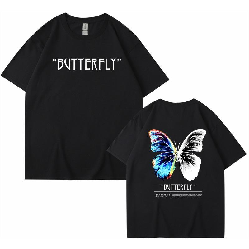 Summer Hip Hop T Shirt Men Women Streetwear Harajuku Butterfly Print Tshirt Short Sleeve Cotton Tops Tee S