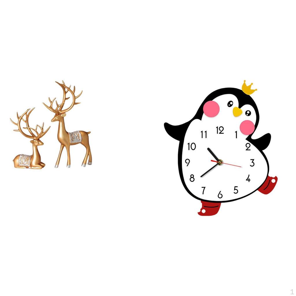 European Reindeer Sculpture And Cartoon Penguin Wooden Wall Clock Collectable Craft Decorative Home