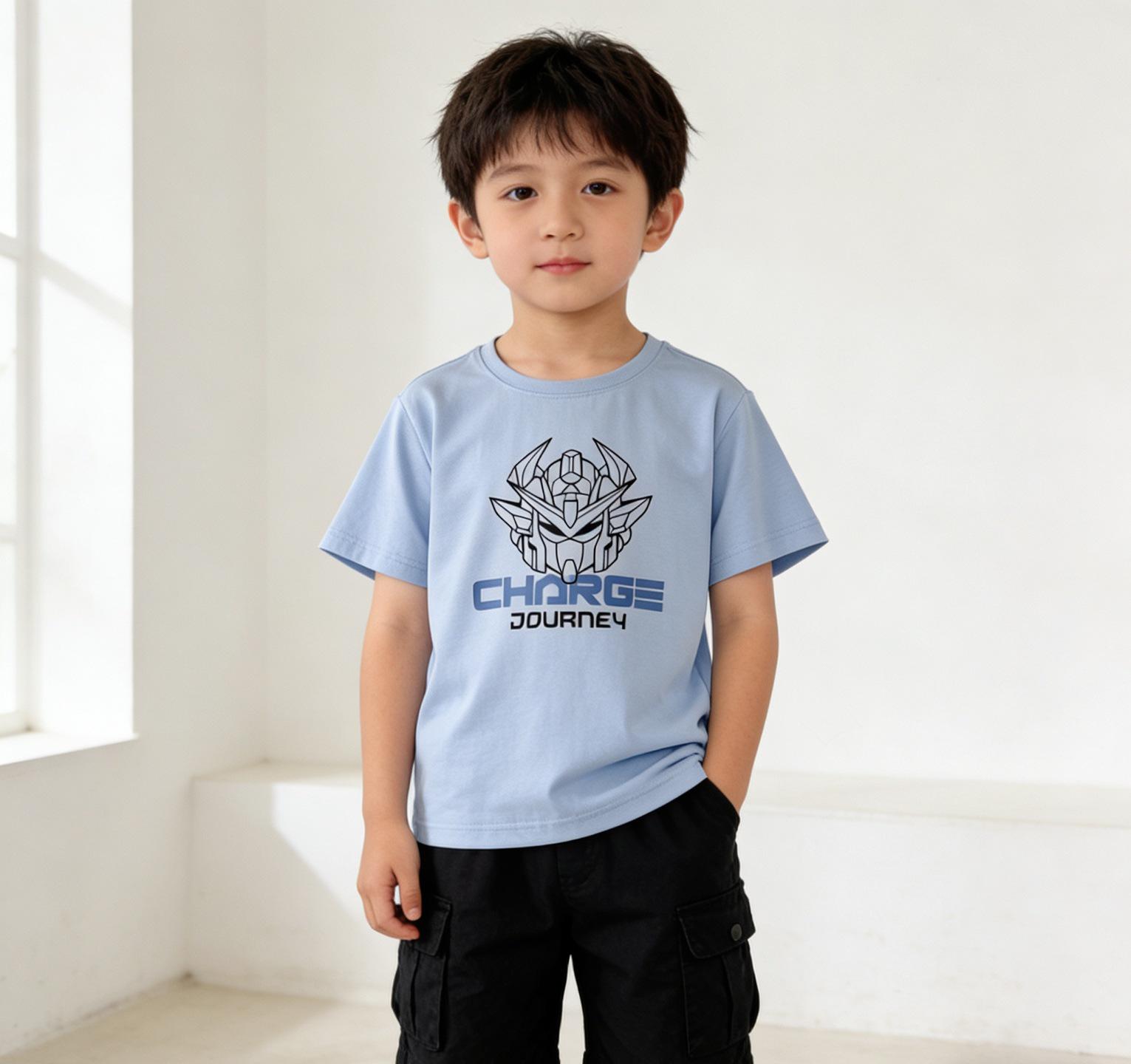 Kids  Ice Porcelain Cotton Cool Short Sleeve T-shirt – Breathable, Sweat-wicking, Skin-friendly Mech Print Shirt for Boys and Girls 130 cm небесно-голубой