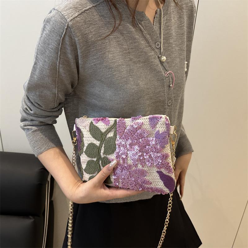 Summer Embroidery Sequin Straw Woven Shoulder Bag Large Capacity Underarm Bag
