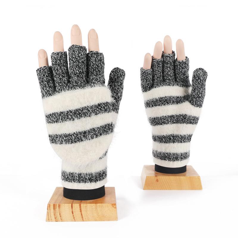 Autumn and Winter Couple Gloves Men and Women Thick Imitation Cashmere Gloves Women Striped Half Finger Gloves Touch Screen Two Fingers Office Writing
