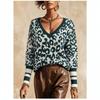 Damen V-Ausschnitt Leopardenmuster Strickpullover Lockerer Schnitt Langarm Winter Freizeit Streetwear Top
