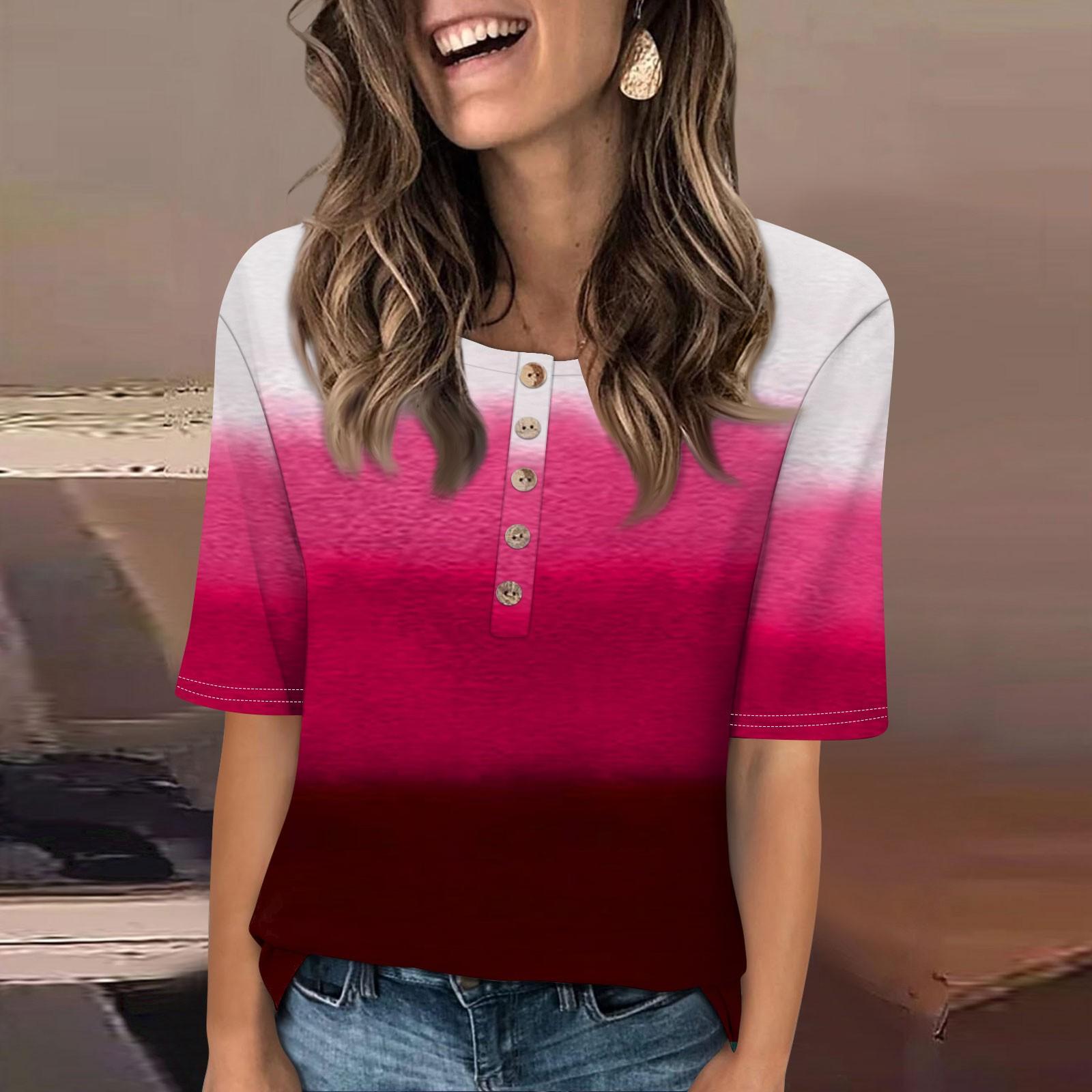 

Женский свободный повседневный топ с круглым вырезом и принтом в градиентном стиле на пуговицах и короткими рукавами M