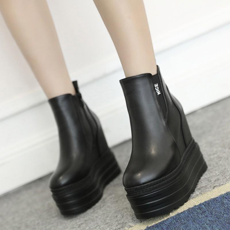 

222-17 Women s Platform Ankle Boots - 13CM High Heels with Thick Sole for Added Height Black Leather Fleece Lined Heel 13cm