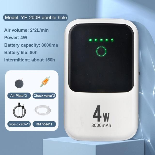 Ультра-тихий аквариумный кислородный насос с зарядкой через USB, воздушный компрессор, кислородный насос для аквариума, один двойной выход с обратным клапаном