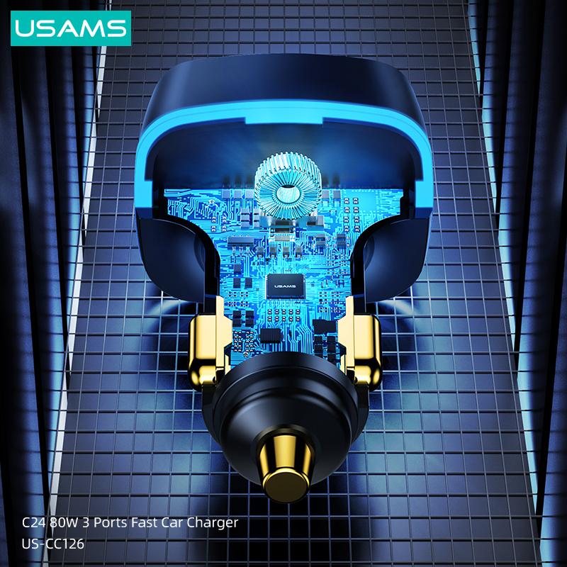 USAMS 80W 3 USB Ports Fast Car Charger PD QC 3.0 AFC FCP Phone Charger For iPhone Xiaomi Huawei Samsung Phone Tablet