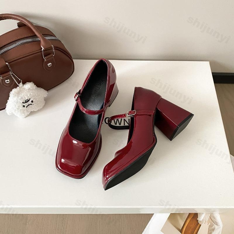 Woman's Mary Janes Shoes Spring New Vintage Square Toe Buckle Strap Solid Elegant Chunky Heels Fashion Versatile Casual Pumps