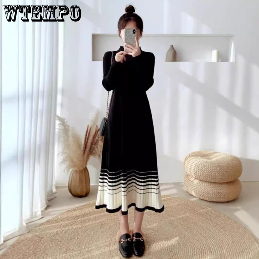 Strickkleid für Damen im Herbst und Winter Schlankes langes Kleid für Damen Retro einfarbiger Langarmpullover