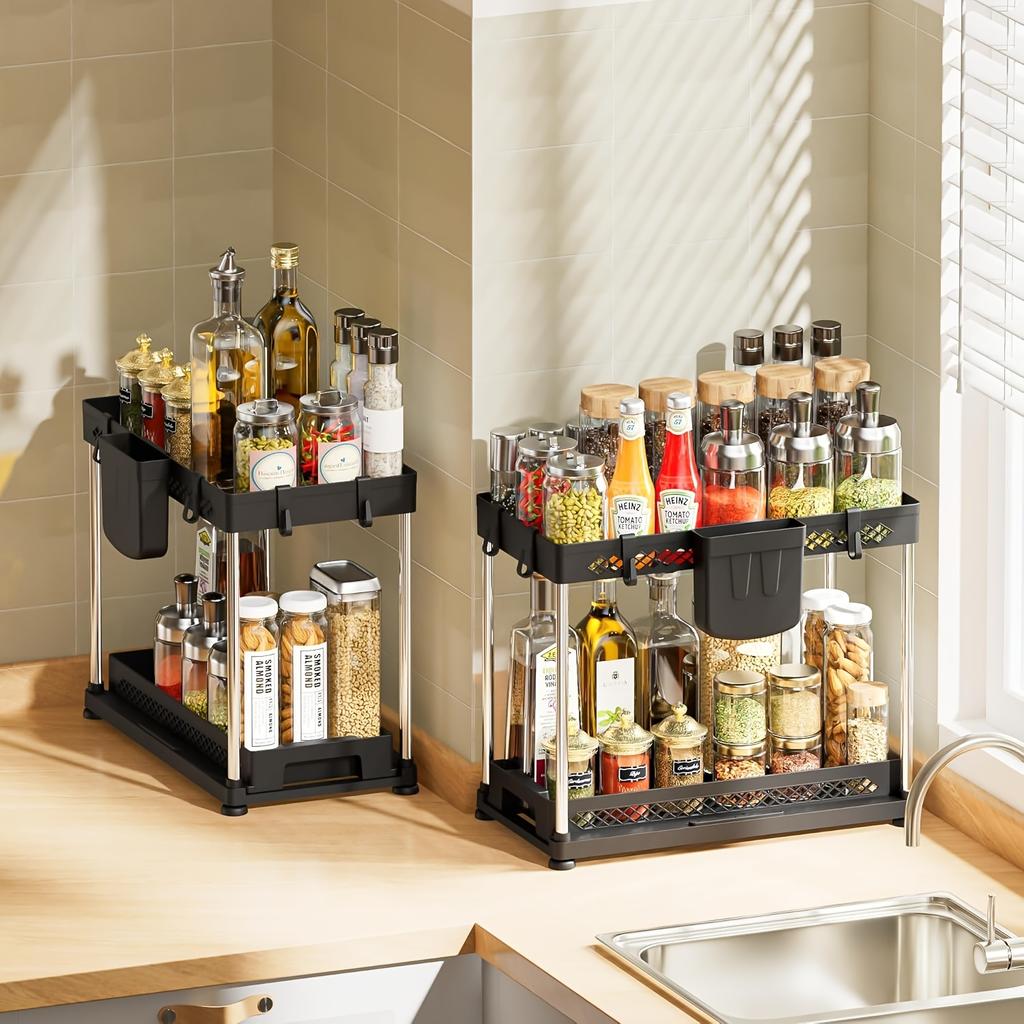 2-Tier Kitchen Storage Rack, Large Capacity Under Sink Organizer with Sliding Drawers, Market Cabinet Shelf Home Accessories