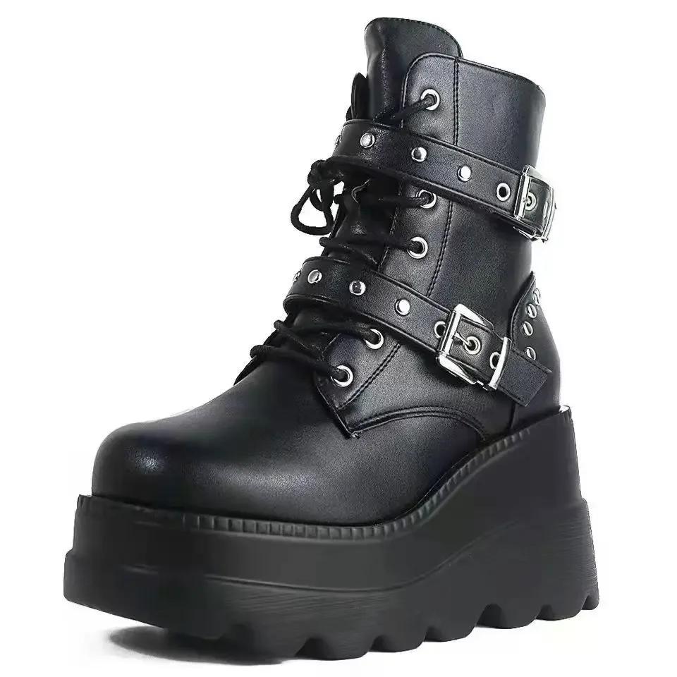 Fashion New Women's Pu Leather Ankle Boots Women Autumn Winter Round Toe Lace Up Shoes Woman Motorcycle Platform Botas Gothic Shoes