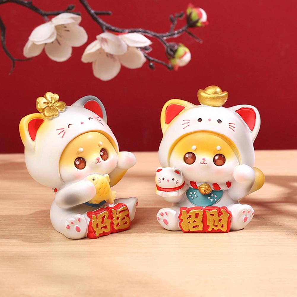Cartoon Cat Sculpture Chinese Lucky Wealth Waving Cat Hand Painted Decorative Resin Desktop Statue Gift Office Supplies