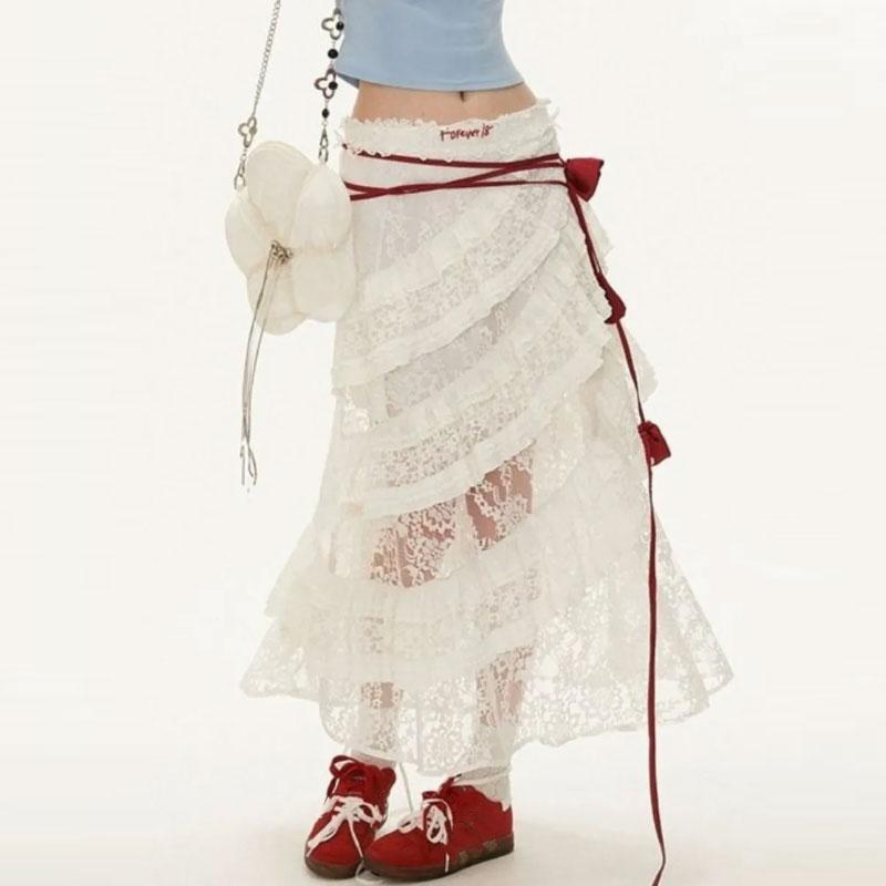 Women's Lace Skirt White Y2k Vintage Elegant Mid-length Skirt Ruffled Elastic Waist Korean Fashion Clothing