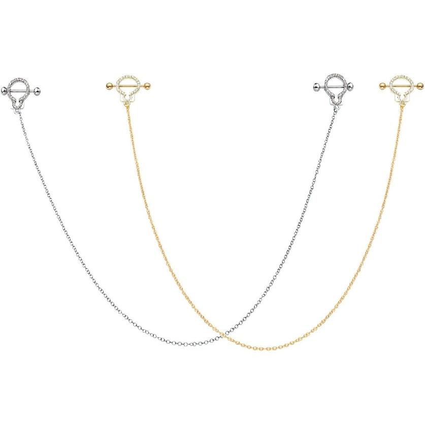 PiercingJ 2-10pcs 14G Stainless Steel Nipple Rings Nipple Shield Ring Chain Nipplerigns Ball Piercing Barbells Slivery Golden Tone