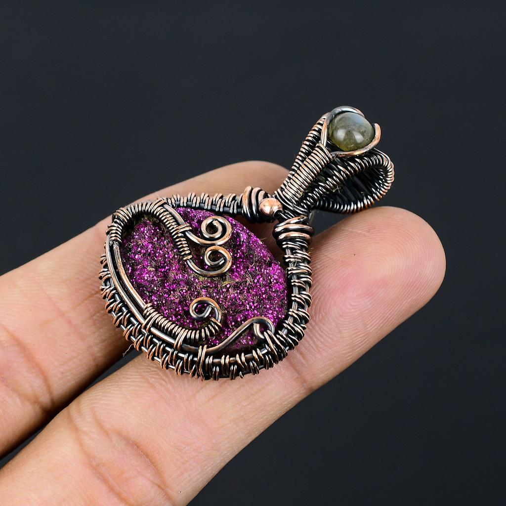 Titanium Druzy,Labradorite Handmade Copper Wire Wrap Pendant 1.77" Z1s94