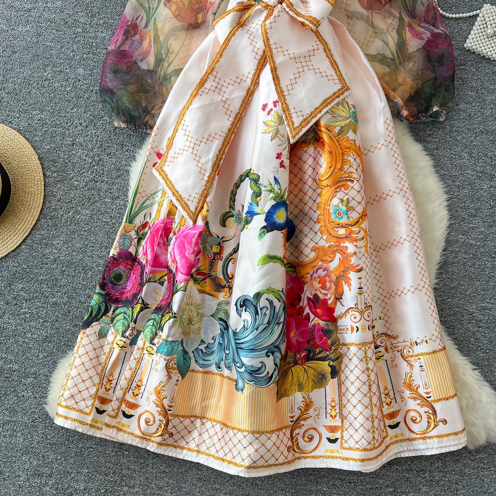 Spring France Elegant Vintage Palace Evening Dress Women Print Sashes Mesh Long Party Dress Female Casual Holiday Clothing New