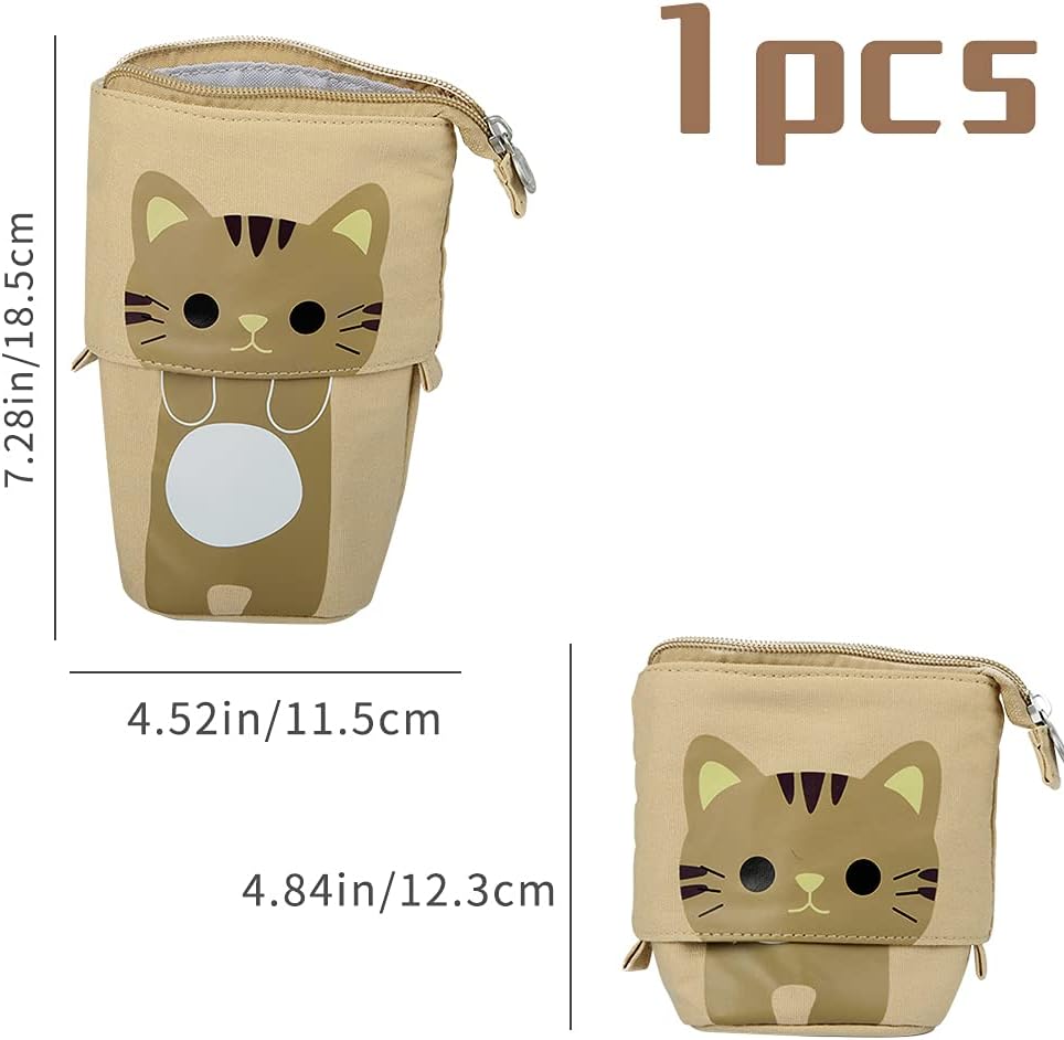 Hillylolly Pencil Case Cat, Children's Pencil Case Cat, Cat Stationery, for Girls Boys Teen Gift, 12.5 ~ 19 Cm, Khaki, Pencil Case Cat