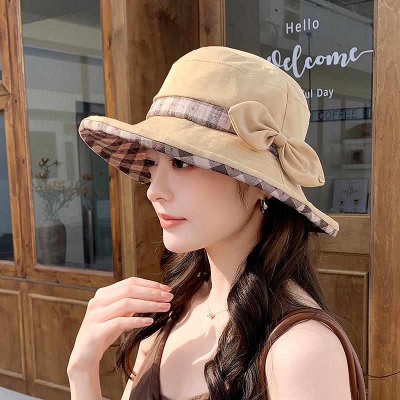Summer Sunshade Hat for Women, Korean Version, Fashionable Contrasting Color Checkered Fisherman Hat, Tourist Large Eave Sun Hat