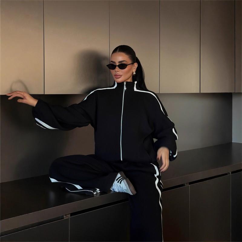 Womens Cotton Blend Long Sleeve Casual Tracksuit Set Striped Loose Fit Streetwear Outfit Fall Winter