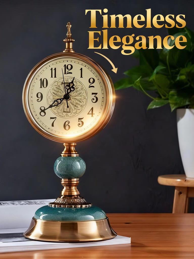 Luxury European Vintage Table Clock Large 38cm Silent Non-Ticking Metal Ceramic Desk Clock for Living Room Mantel Office Decro