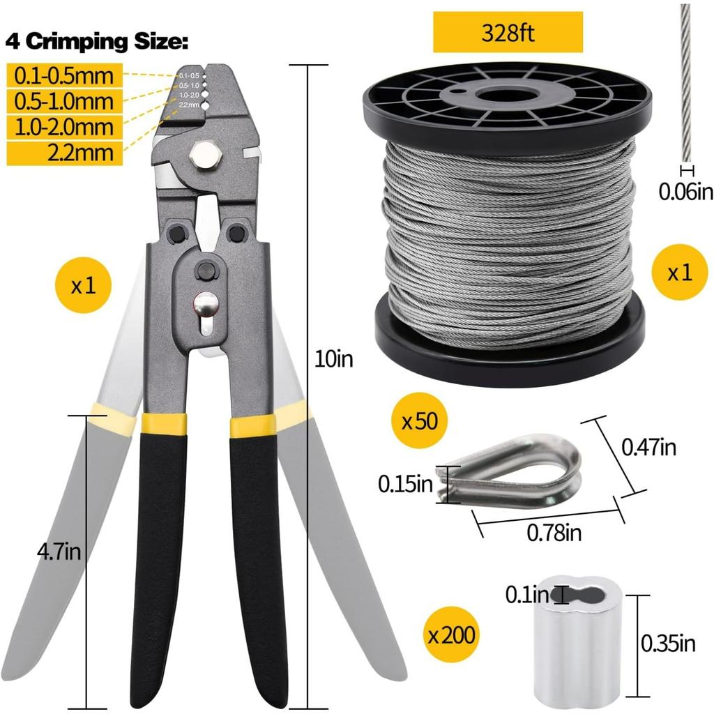 Drahtseil Crimpzangen-Werkzeugsatz, 1/16" Edelstahl-Drahtseilkabel mit Aluminium-Crimpklemmen und Edelstahl-Kauschen für Geländer, Terrassendielen