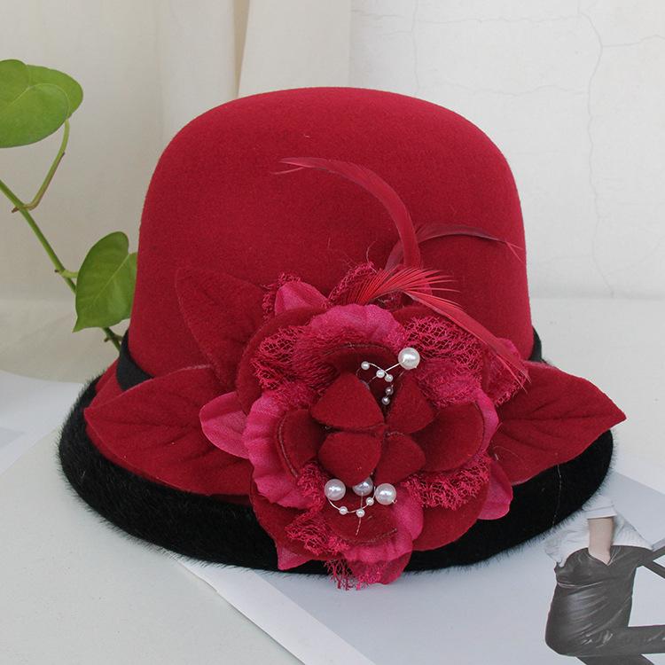 Hat Women's Autumn and Winter New Black Woolen Hat Casual Warm Bucket Hat British Feather Flower Top Hat