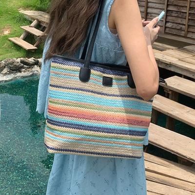 Webtasche mit Kontrastfarbe Damen Sommer neuer Trend Mode Stroh gewebte Handy-Tasche Nische schlichte Umhängetasche