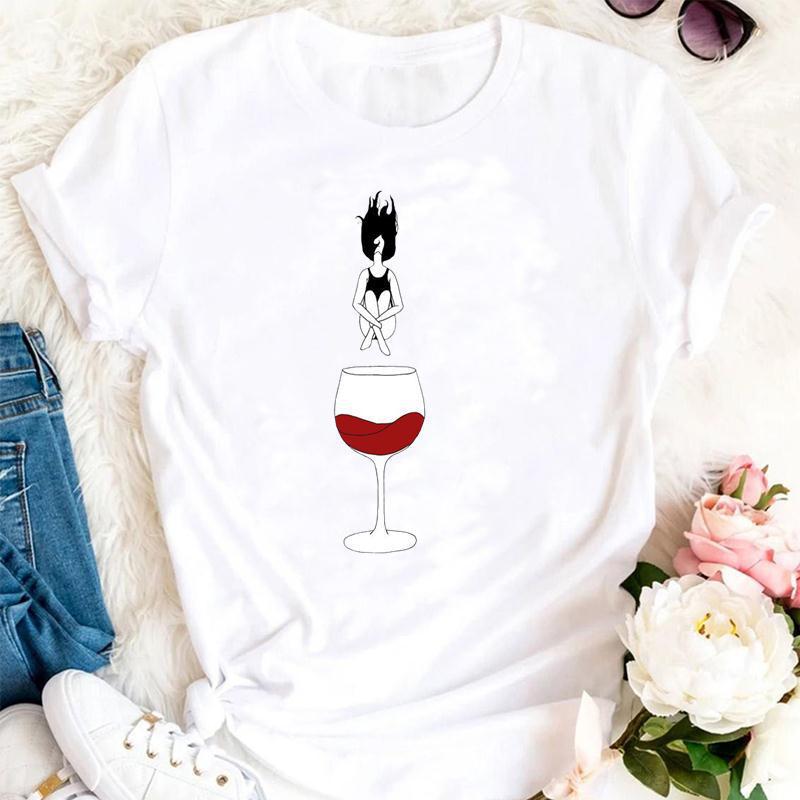 Womens Fashion Wine Glass Print Trendy Womens Base Layer Halfsleeved Womens Wear Shortsleeved Women Tshirt for Summer
