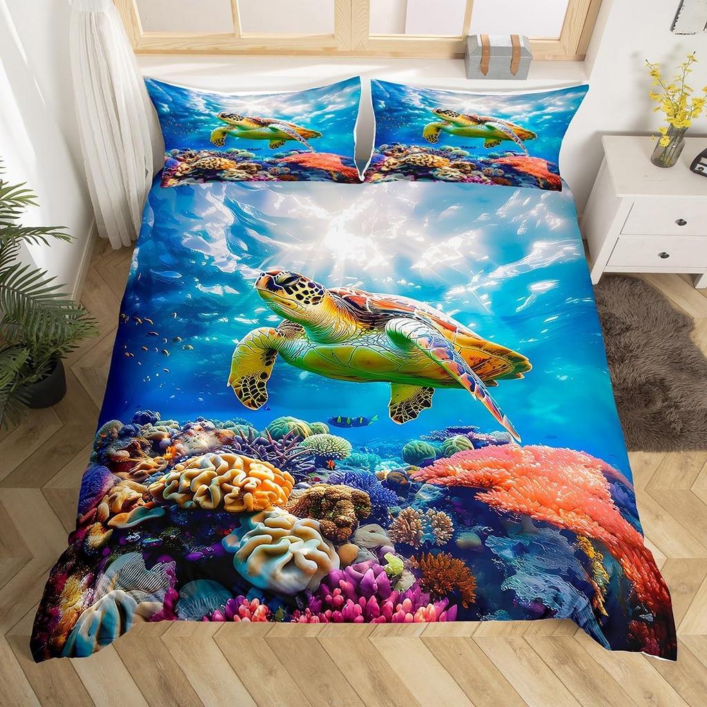 Sea Turtle Duvet Cover 3D Turtle Bedding Set Ocean Marine Theme Comforter Cover For Boys Girls Underwater Animal Pattern Bed Set