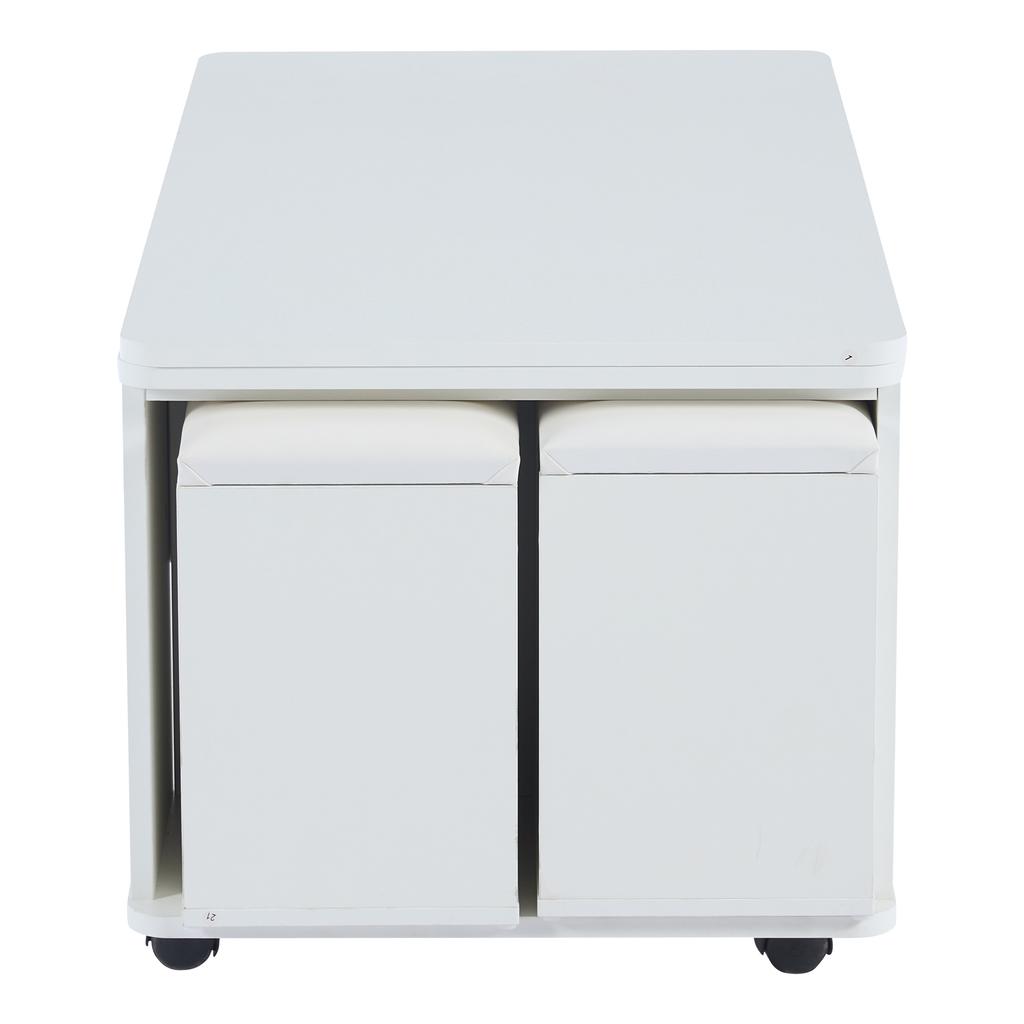 Mesa de centro, regulable en altura, mesa de sofá móvil, multifuncional 4 en 1, convertible en mesa de comedor de sala de estar, con cajones, 4 taburetes, blanco