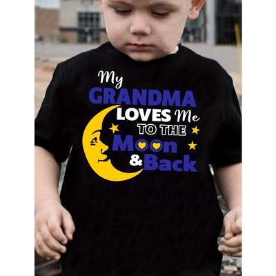 Europäische Größe Jungen Rundhals Kurzarm T-Shirt mit Cartoon-Mond und Englischem Muster Print