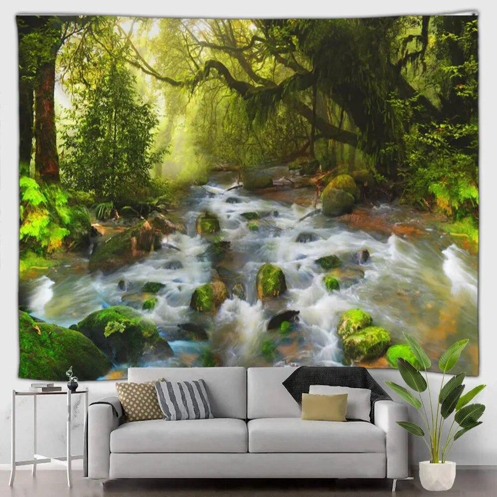 Gobelin leśny wodospad krajobraz zewnętrzny piękny las obraz olejny wiszący na ścianie dekoracyjny koc sztuka salon mural