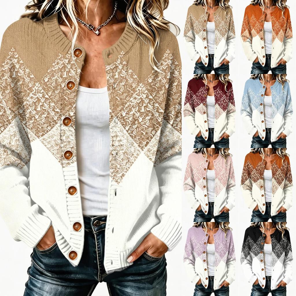 Women's Retro Printed Long Sleeve Button Front Knit Cardigan