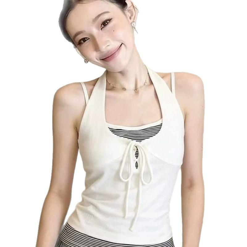 Spice Girl Style Design Sense Lace-up Neck Fake Two-piece Sling Vest Women's Summer New Slim-fitting Versatile Good-looking Top