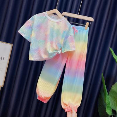 Dziewczęcy garnitur letni lodowy jedwab tęczowy gradient kolorów luźny T-shirt + spodnie garnitur 3-12 lat dziecięca odzież tie-dye