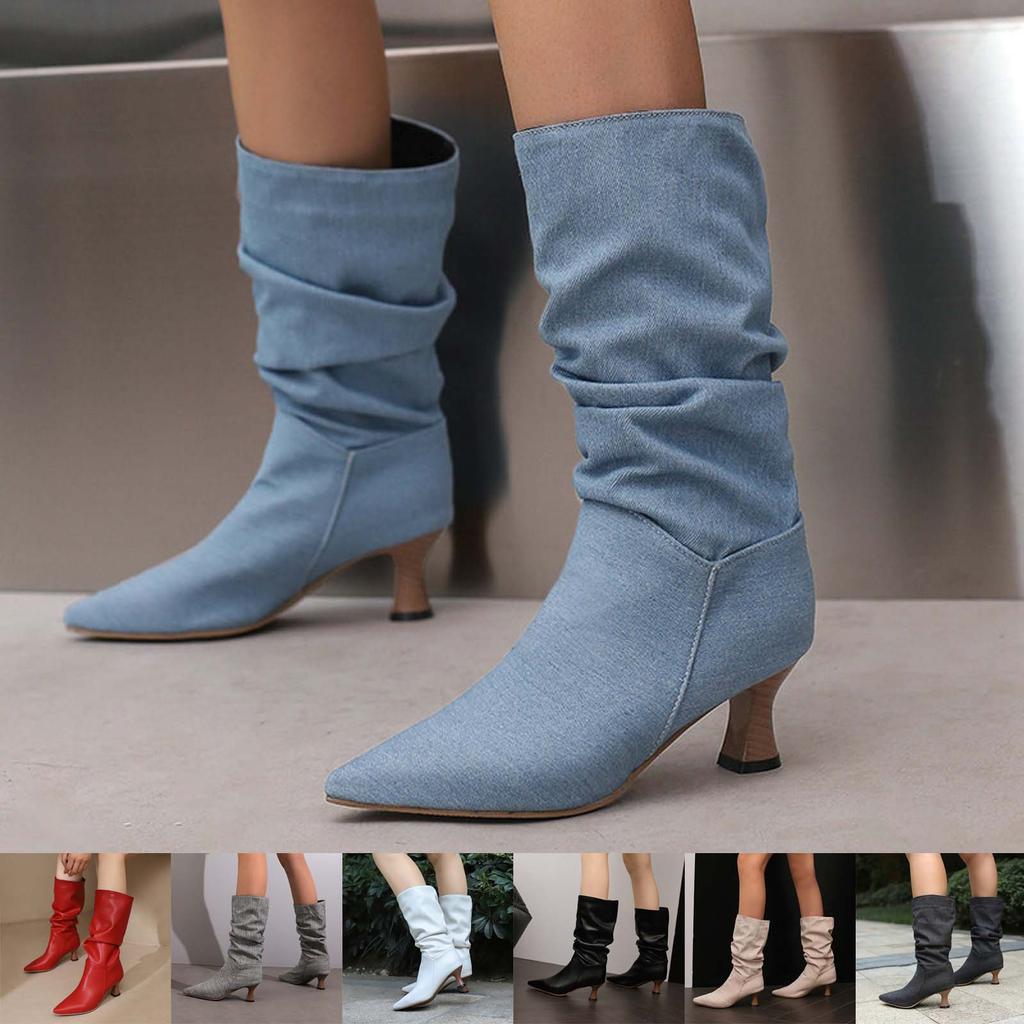 Stivali Alti da Donna con Tacco a Spillo e Punta Affusolata Moda Casual in Denim con Tacco Alto a Metà Polpaccio Stivali da Donna Taglia 8 Lunghezza Media
