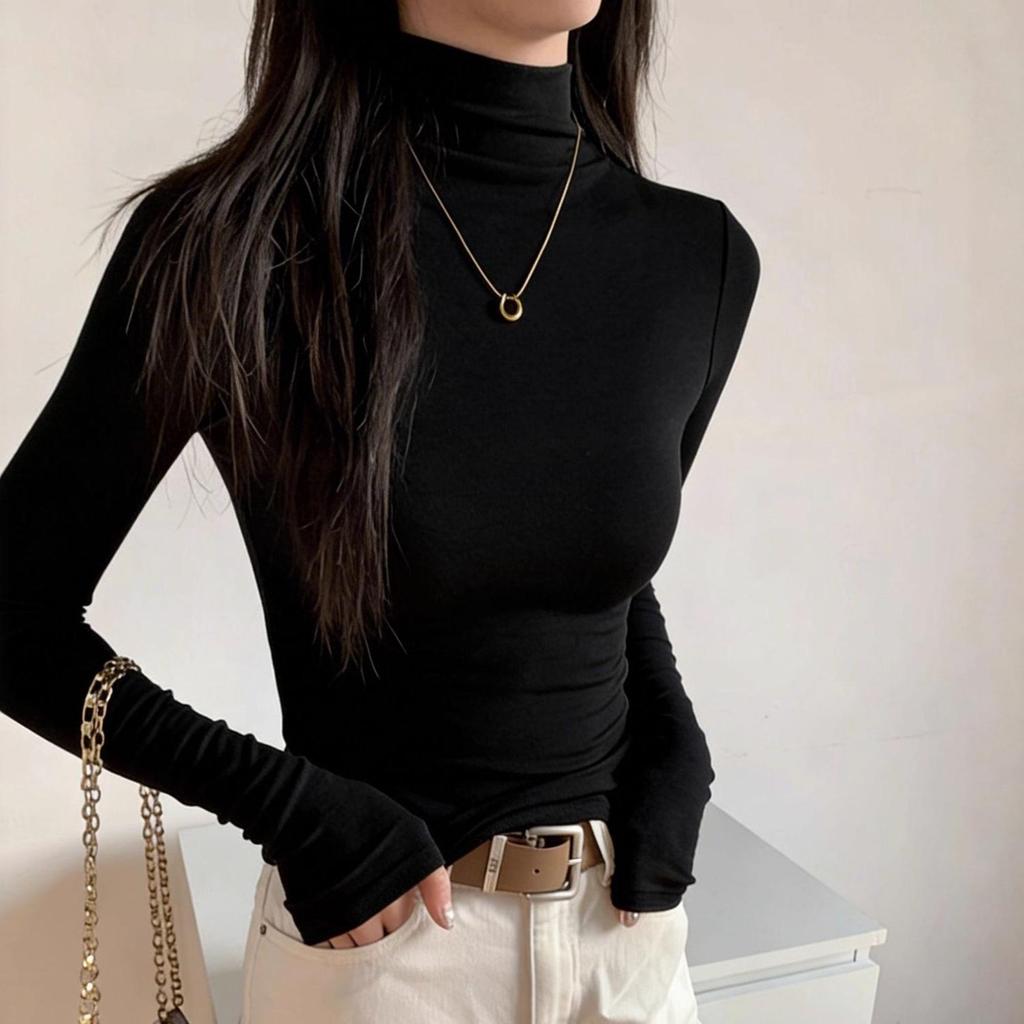 Women's Retro Ribbed Long Sleeve Turtleneck Base Layer Shirt for Autumn/Winter