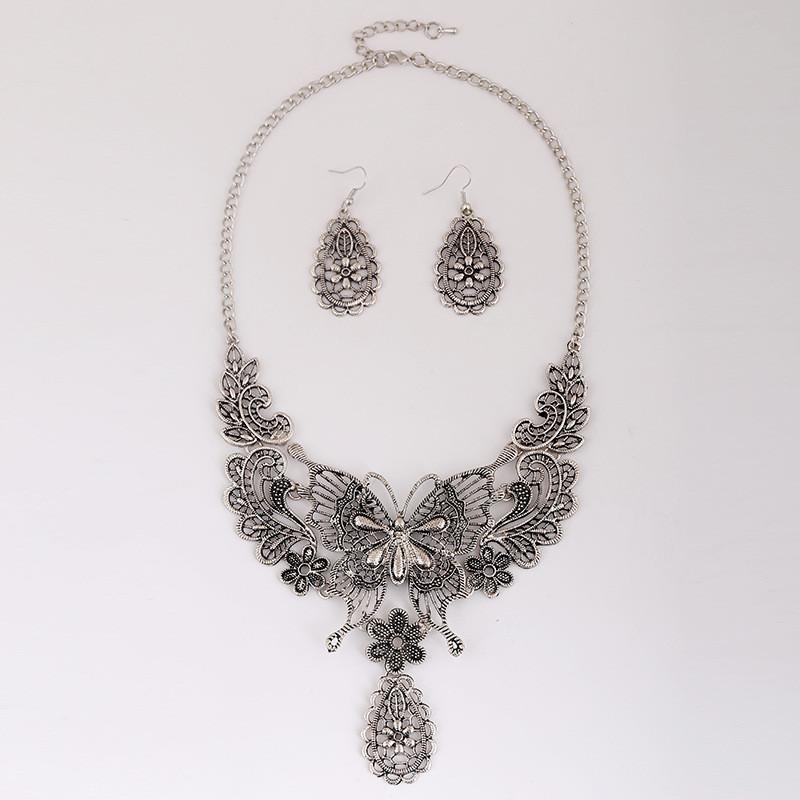 Fashion Hollowed Out Butterfly And Flower Design Women Necklace Earring Set For Women And Men