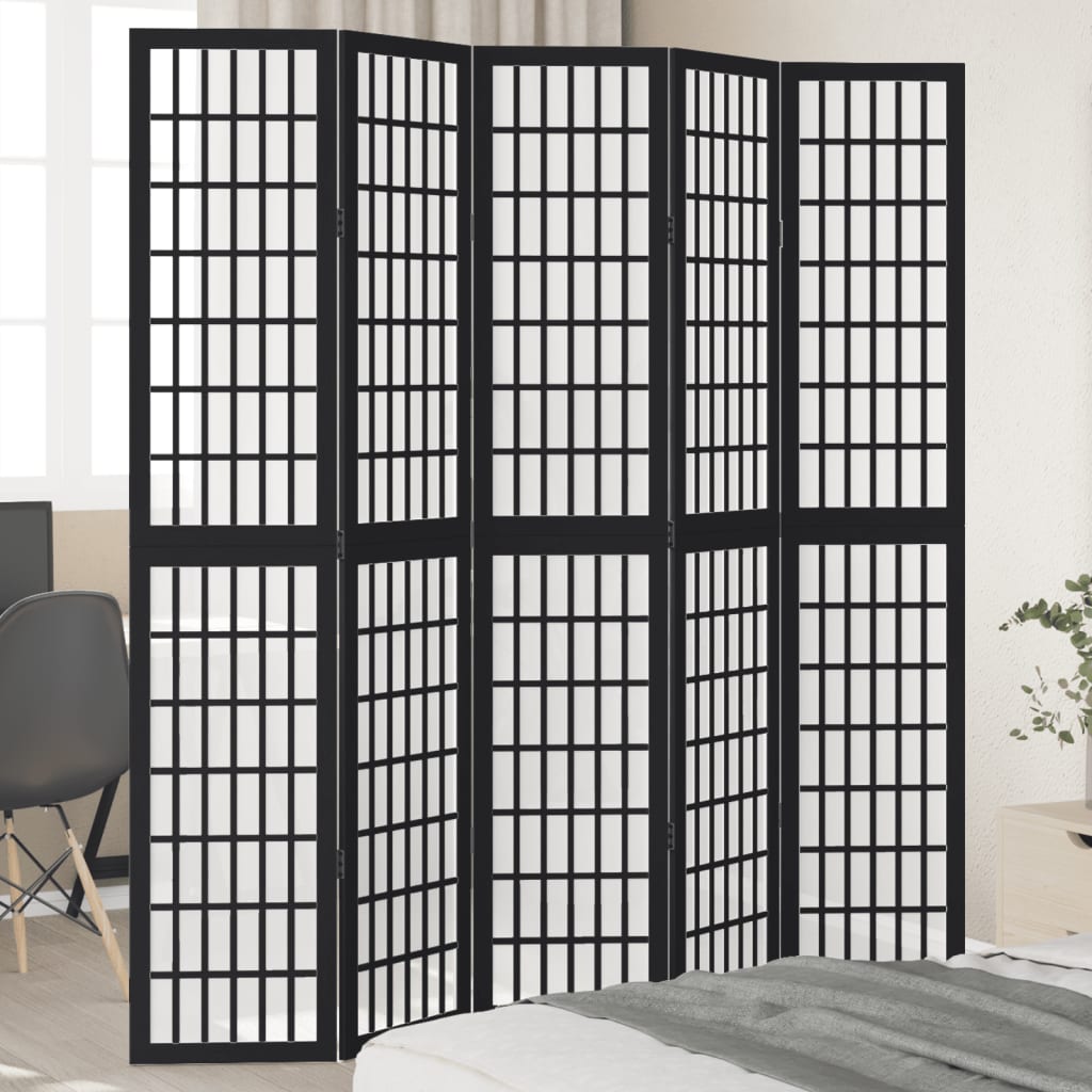 Vidaxl Room Divider, 5-Panel, Black, Solid Paulownia Wood