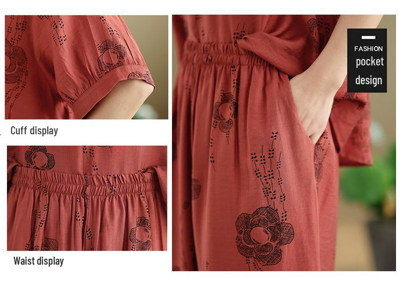 2026 Ethnic Style Tencel Linen Embroidery Women's Plus Size Summer Suit: Loose Slimming T-shirt + Pants Set