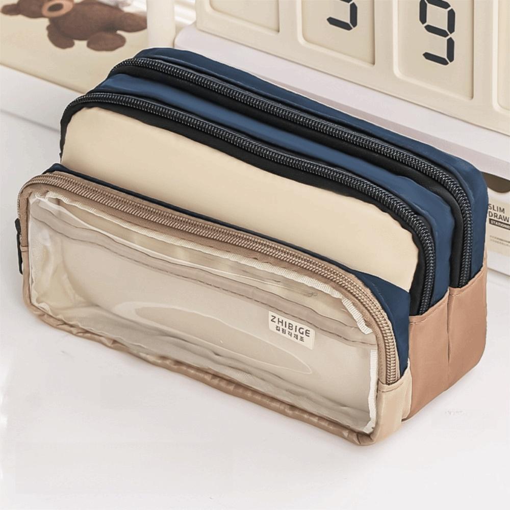 Color-Block Pen Bag Transparent Pocket Multi-layer Pen Pouch New Pencil Case  Girl