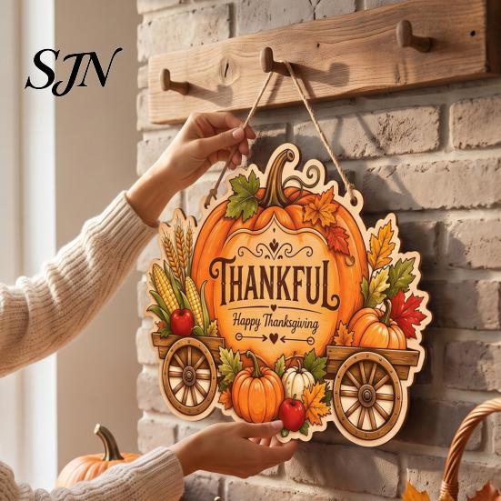 Thanksgiving Door Hanging Ornament Front Sign, Pumpkin Turkey Pattern Hanger, Autumn Decorative Wooden Plaque Harvest Wall for Farmhouse Porch