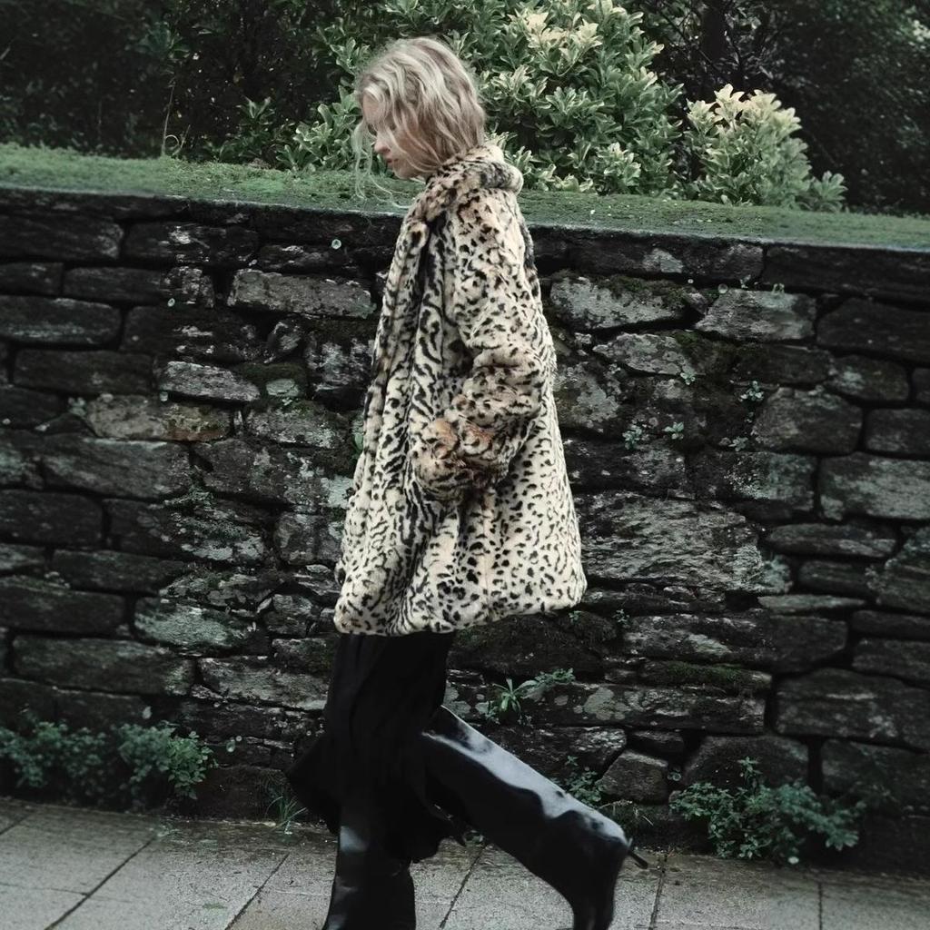 2024 Fall/Winter Faux Fur Leopard Print Mid-Length Coat