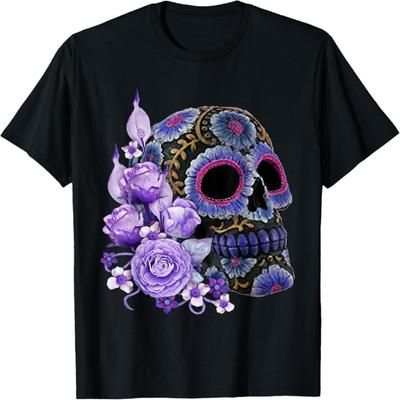 Μαύρο T-Shirt με Ζαχαρένιο Κρανίο και Μωβ Λουλούδια - Ημέρα των Νεκρών