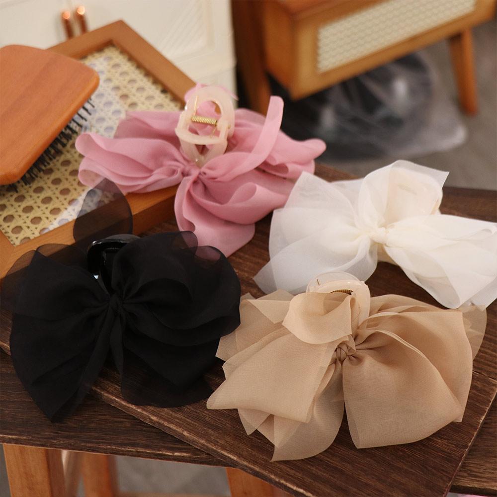 Sweet Bow Shark Clip Large Women Hair Grab Luxury Chiffon Hair Claw  Hair Accessory