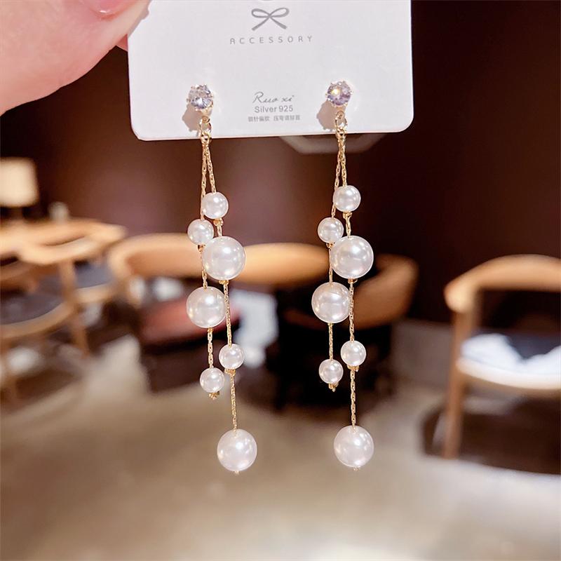 

New Long Pearl Tassel Earrings for Women Fairy Crystal Top Dangle Earrings Irregular Pearl Pendants Temperament Wedding Zircon