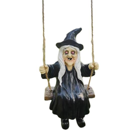 Halloween Swing Ghost Statue Resin Ghost Dog Witch on A Swing Figurine Outdoor Tree Hanging Ornament for Garden Patio Lawn Yard Decor