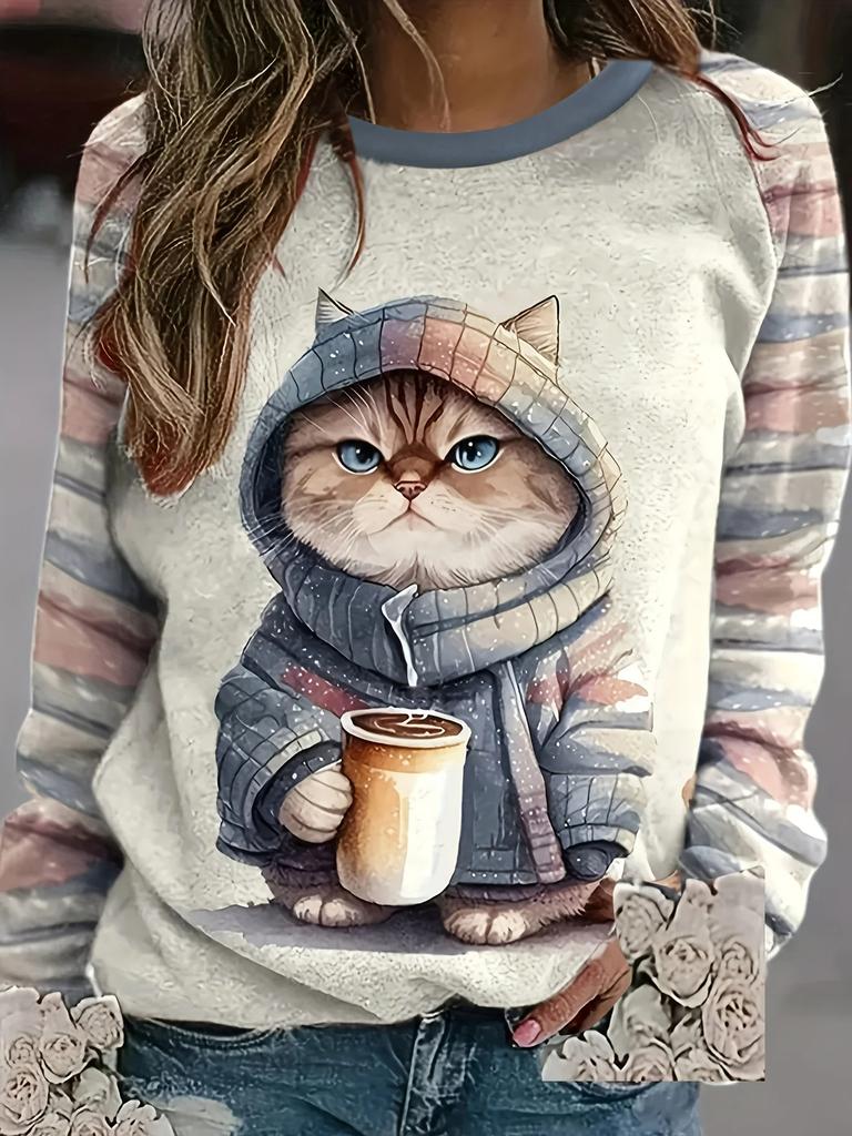 Fashion 3D cat print women's casual round neck long sleeved T-shirt